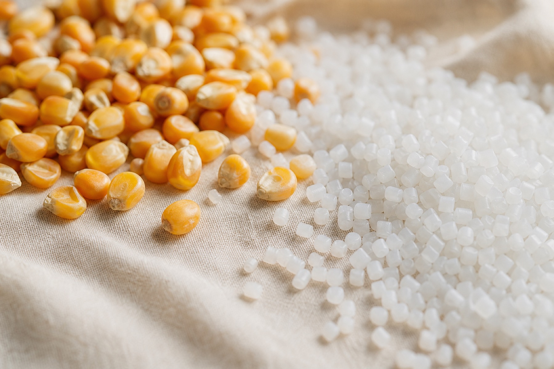 Corn kernels next to plant-derived plastic pellets.